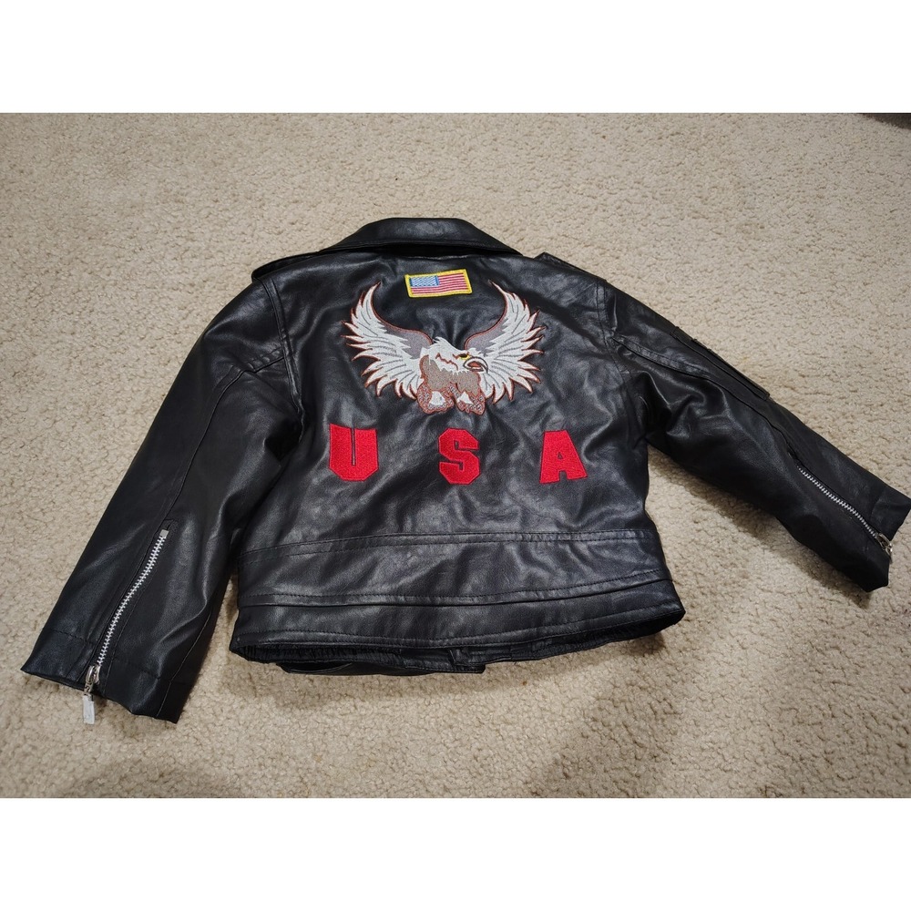 Outdoor Habitat Black Faux Leather Jacket Boys Sz 3T Motorcycle USA Eagle